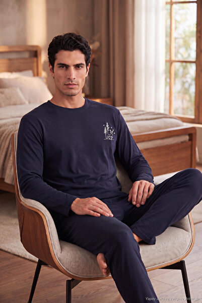 Buratti Ultra Soft Minimal Embroidery Long Sleeve Pajama Set Men's Pajama Set...