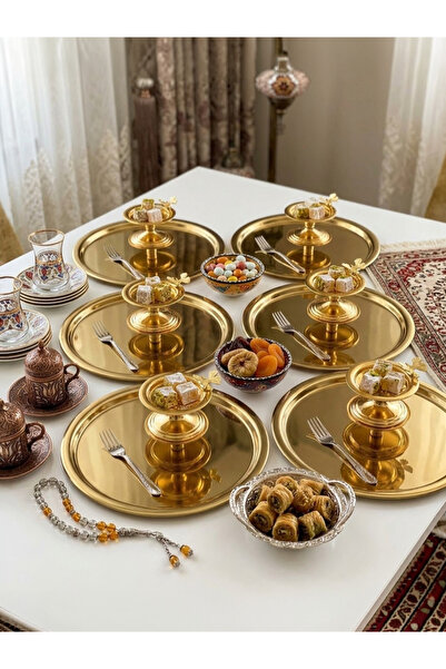 Elzemm store 2 Farklı Model 6 Lı Gold Yuvarlak Sunum Tepsisi Ve 6 Lı Kelebekl...