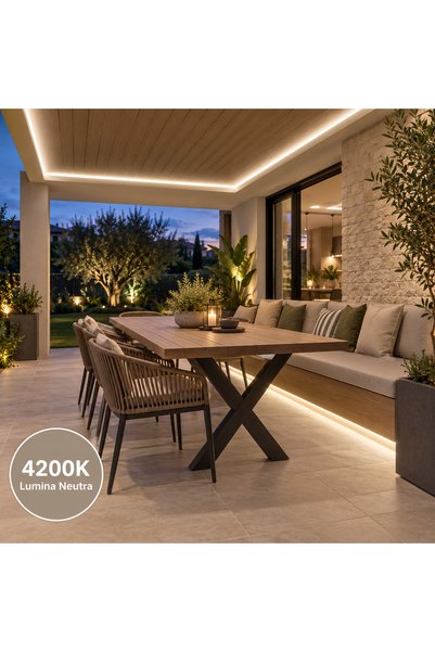 proled Bandă Iluminare LED COB 10m, 4200K, 220V, 10W/m, 1000lm/m, IP65, Alb Neutru, cu Sursă Alimentare