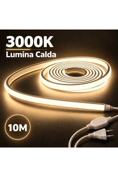 proled Bandă LED COB 10m, 220V, 3000K Lumină Caldă, IP65, 10W/m, 1000lm/m, Kit cu Alimentator