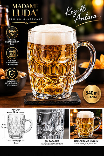 MADAME LUDA Arjantin Pub Bar 540 CC.6 Adet Kulplu Bira Bardağı.