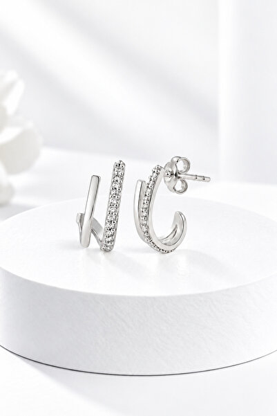 jelux silver Gümüş 925 Ayar Ikili Yarım Tur Çivili Küpe