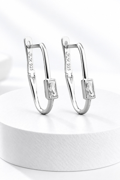 jelux silver Gümüş 925 Ayar Baget Tek Taşlı Elips Küpe