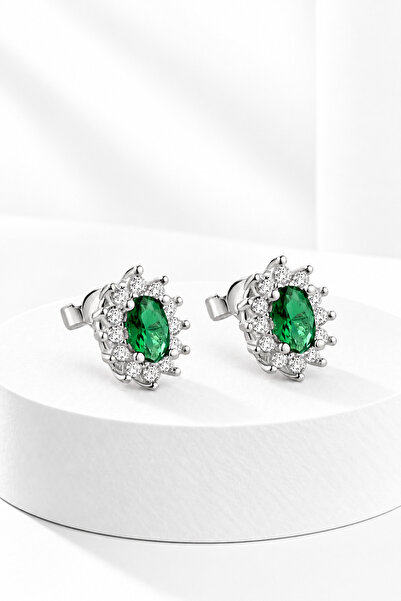 jelux silver Gümüş 925 Ayar Çivili Zirkon Taşlı Anturajlı Safir Oval Küpe