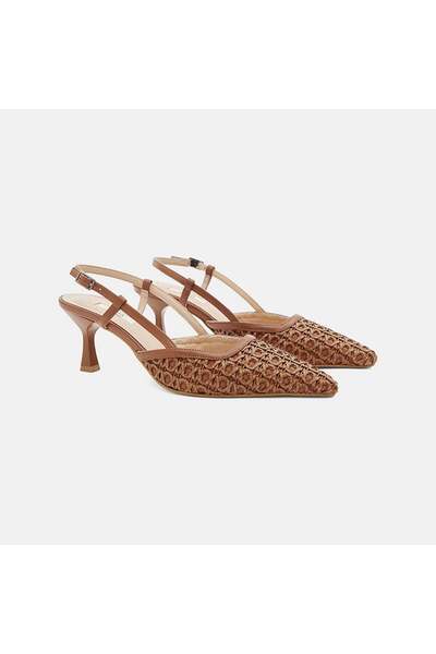 Desa Women's Tan Pointed Toe Slingback Leather Heeled Shoes