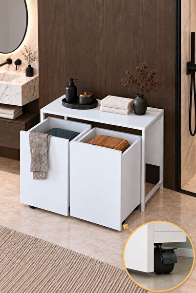 Rani Mobilya Rani KC128 Tekerlekli Kirli Çamaşır Dolabı 2 Bölmeli Banyo Dolab...