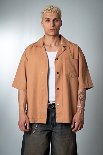 black sample %100 Pamuk Ters Dikiş Oversize Bej Erkek Gömlek