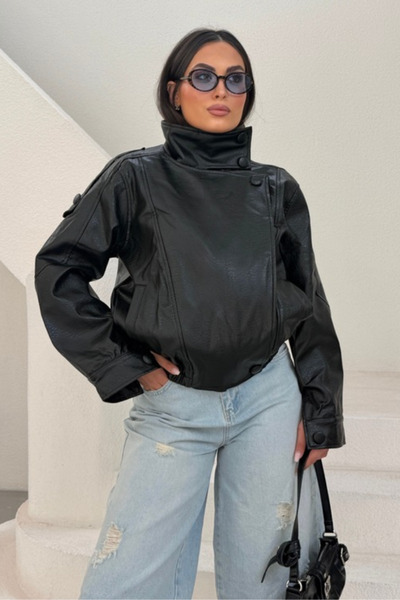 msm fashion Γυναικείο δερμάτινο μπουφάν Oversize με όρθιο γιακά, διπλές τσέπε...