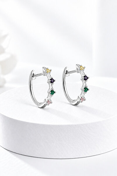 jelux silver Gümüş 925 Ayar 1,7 Cm Yuvarlak Mix Zirkon Taşlı Küpe