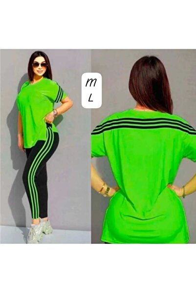 diğer0101 Plus Size Neon Green 3-Stripes Sports Set