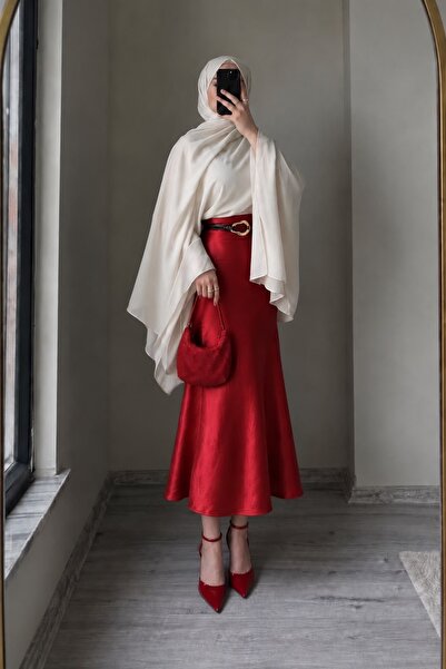 VERYMODA Kraşlı Saten Etek - Kırmızı | F1915 - Kırmızı
