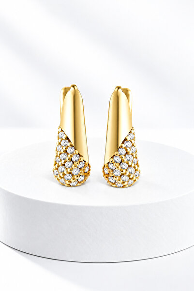 jelux silver Gümüş 925 Ayar Damla Zirkon Taşlı Gold Küpe