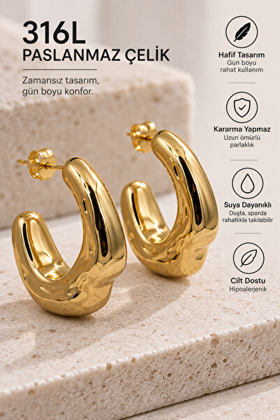 Premium kalite Hafif Çelik Gold Renk Organik Form Kalın Halka Çelik Küpe – Modern Statement Tasarım