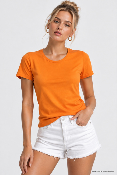 WILD BEE Women's Orange Cotton Crew Neck Short Sleeve T-Shirt