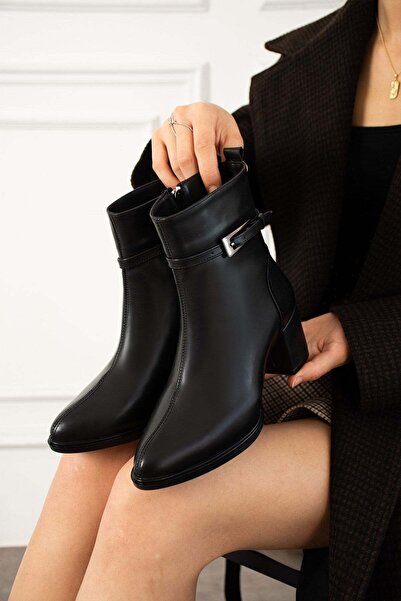 dabab shoes ASTRAYA Kadın Siyah Tokalı Topuklu Kısa Konç Şık Kışlık Bot Bootie