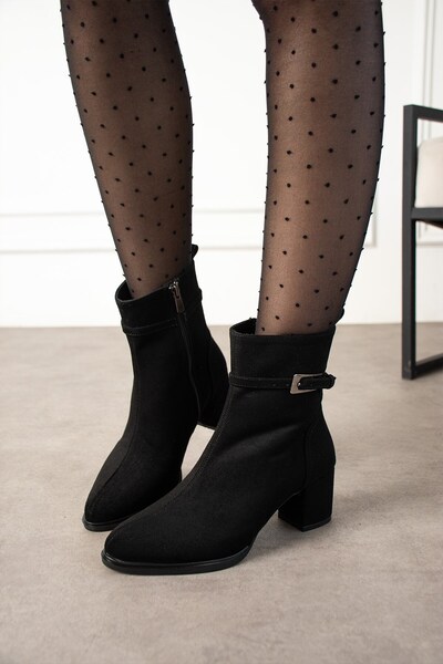 dabab shoes LUNARA Kadın Siyah Süet Tokalı Topuklu Kısa Konç Bot Bootie
