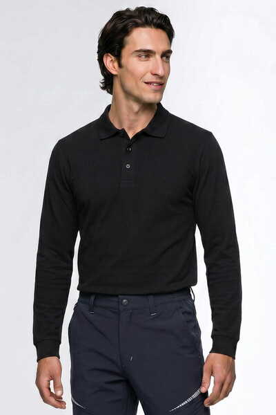 RELAXIA Men's Black Long Sleeve Polo Collar T-Shirt 100% Cotton Ribbed Regula...