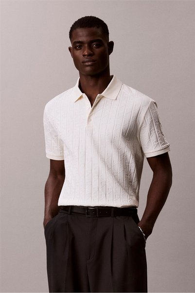 Calvin Klein SS DBL Mercerized Emblem Jacquar Erkek Polo Yaka Triko Beyaz