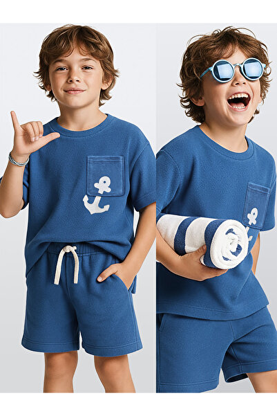 Denokids Erkek Çocuk Takım Havlu Kumaş Oversize T-shirt & Şort – Çapa Takım 7...