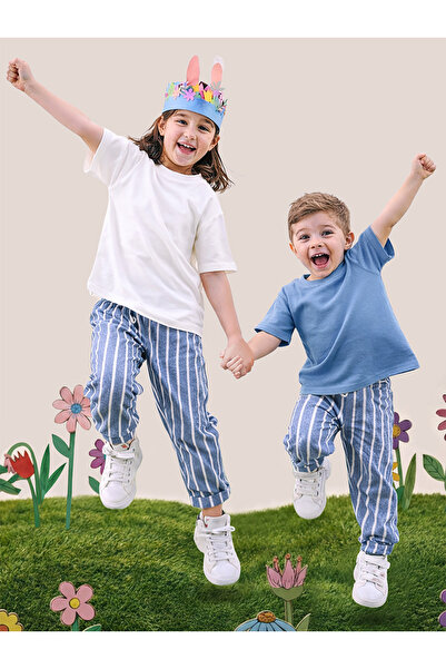 MSHB&G Mavi Çizgili Dokuma Unisex Kız Erkek Çocuk Dokuma Pantolon İlkbahar-Ya...