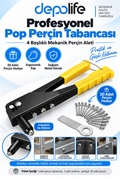 Depolife Pop Perçin Makinası Metal Perçin Tabanca Aleti Perçin Civili 4 Başlı...