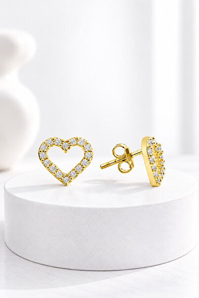 jelux silver Gümüş 925 Ayar Zirkon Taşlı Içi Boş Kalp Gold Küpe