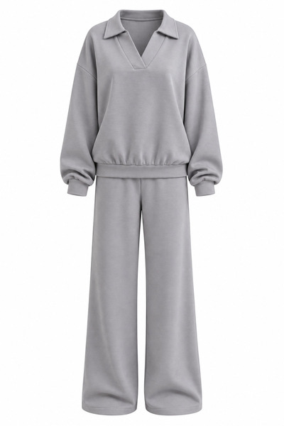 Zelish My Sister Gray Modal Polo Collar Sweat Wide Leg Trousers Tracksuit Set
