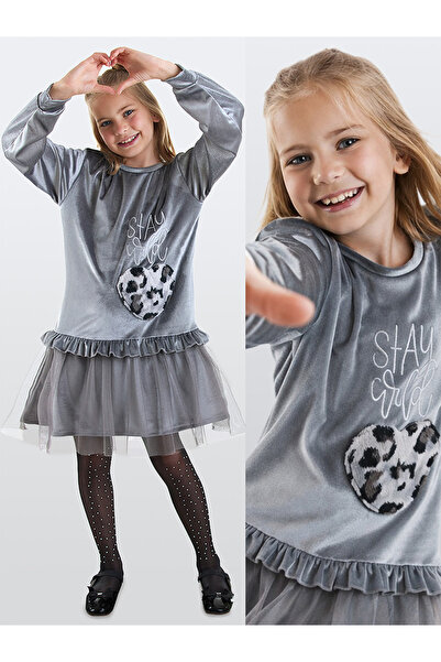Denokids Leopar Cepli Kız Çocuk Gri Kadife Elbise