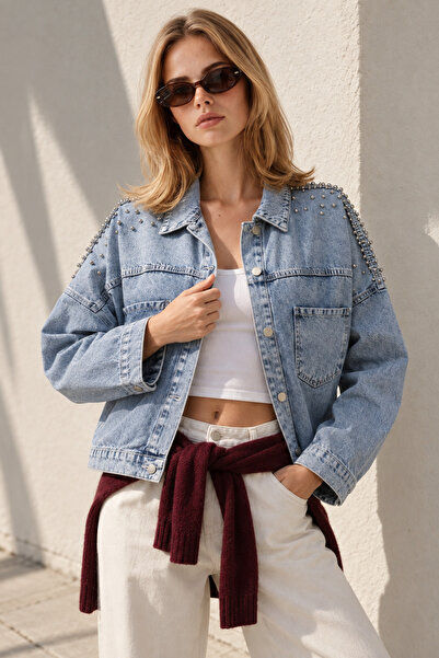 Olalook Women's Blue Cotton Denim Jacket with Metal Bead Trim on the Shoulder...