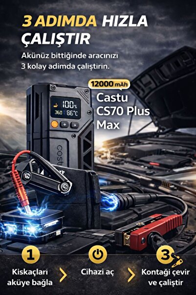 HOTSY Castu Cs70 Plus Akü TakviyeCihazı 4'ü1 Arada Powerbank,Hava Kompresörü, LCD Ekran, 12.000mAh 150 PSI