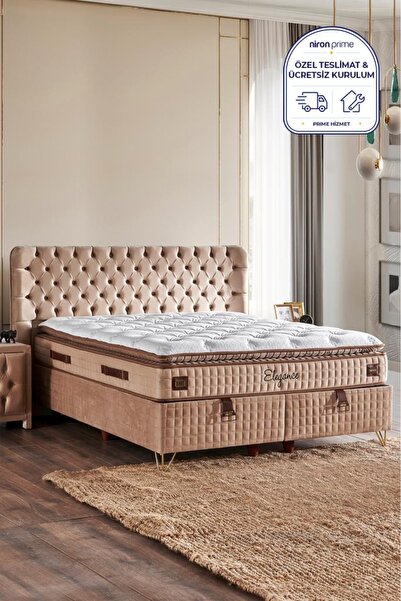 Niron Elegance Lüks Yatak Baza ve Başlık Seti Çift Kişilik Paket Yaylı Yumuşa...
