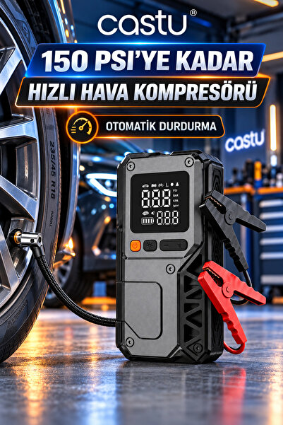 HOTSY Castu Cs70 Plus Akü TakviyeCihazı 4'ü1 Arada Powerbank,Hava Kompresörü, LCD Ekran, 12.000mAh 150 PSI