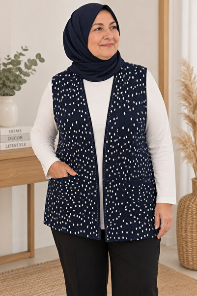 Kadın Lacivert Triko Kışlık Düğmeli Anne Yelek