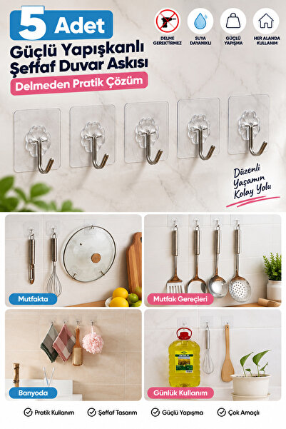 tafce 5 Adet Güçlü Yapışkanlı Şeffaf Duvar Askısı Suya Dayanıklı Banyo Mutfak...