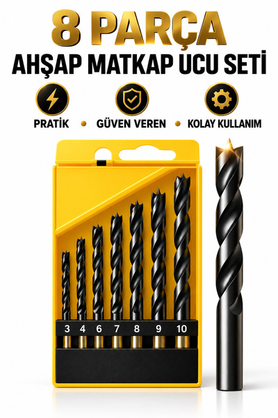8 Parça Ahşap Matkap Ucu Seti 3-10 mm Delme Uçları