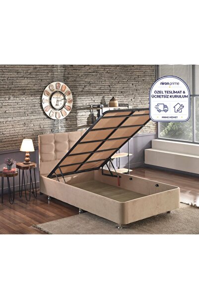 Niron Yatak Niron Polo Baza Ve Başlık Seti -120x200 Cm Tek Kişilik Sütlü Kahv...