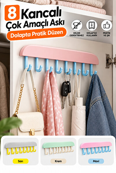 tafce 8 Kancalı Yapışkanlı Askı, Mutfak Banyo Dolap İçi Çok Amaçlı Kancalı As...