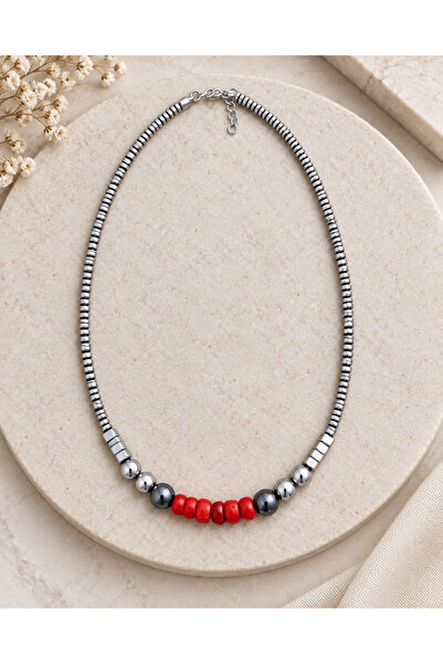 LemaStone Natural Stone Necklace;Energy Balancing Coral and Hematite Stone De...