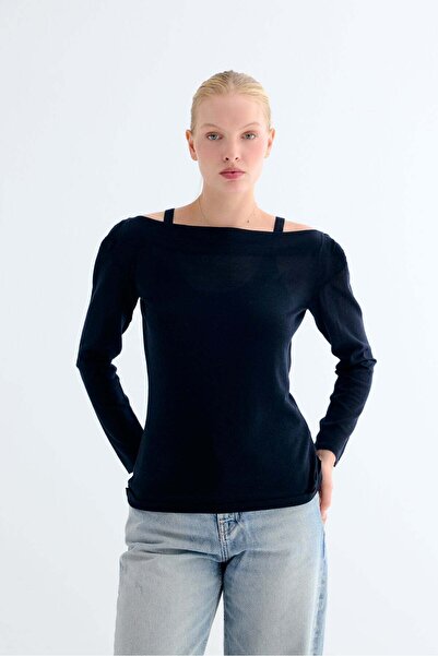 Silk and Cashmere Siyah Starlight Saf Kaşmir Yuvarlak Yaka Çift Katlı Triko