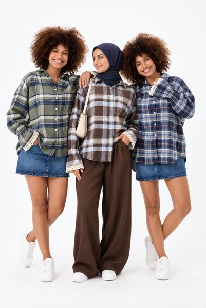 SLAVİ İSTANBUL Women's Khaki Gray Plaid Oversized Shirt with Lace Detail, Long Sleeves, Relaxed Fit