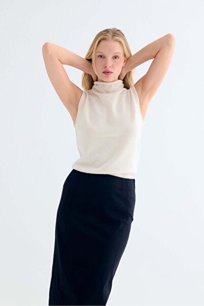 Silk and Cashmere Ekru Pera Saf Kaşmir Boğazlı Kolsuz Triko
