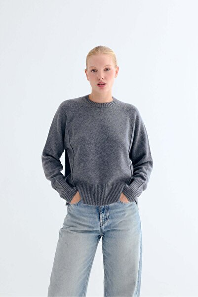 Silk and Cashmere Orta Gri Lilly Saf Kaşmir Yuvarlak Yaka Kazak