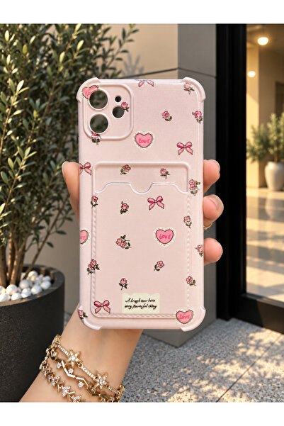 OVADA İphone 12 Uyumlu Kamera Korumalı Kartlıklı Kalp Çiçek Desenli Telefon K...
