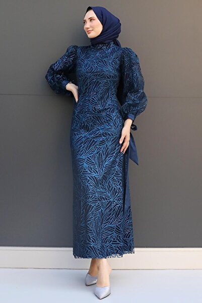 GİZ AGİYİM Navy Blue Fate Hijab Evening Dress
