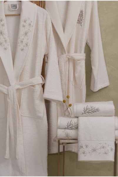 MARİBOR 6 Piece 3D Embroidered Premium Bamboo Family Bathrobe Set (Contains 70% Bamboo Fiber)