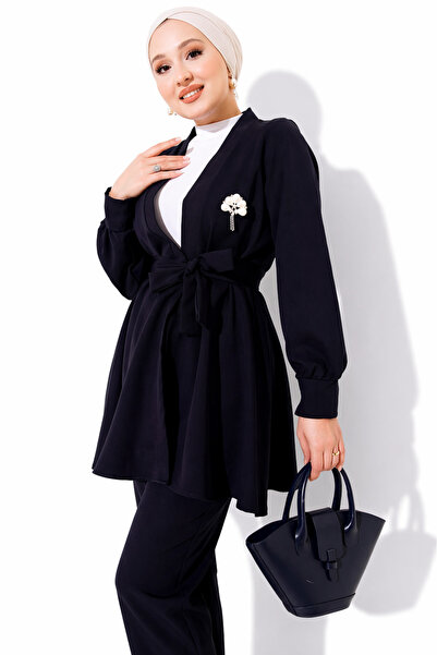 ribana Women's Belt Detailed Plain Jacket and Trousers Top and Bottom Set 2150