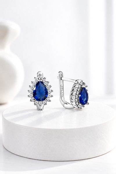 jelux silver Gümüş 925 Ayar Damla Model Anturaj Montür Safir Renkli Küpe