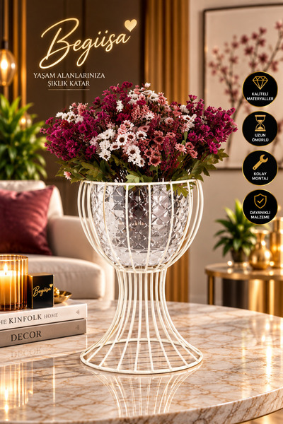Begüsa Anafor Saksılık Beyaz 43 Cm Şeffaf Saksı Hediyeli, Metal Saksılık, Dek...
