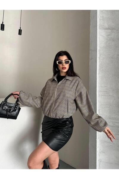 ribana معطف نسائي قصير مبطن بأكمام طويلة وجيبين وسحاب وربطة عنق مربعة باللون ...