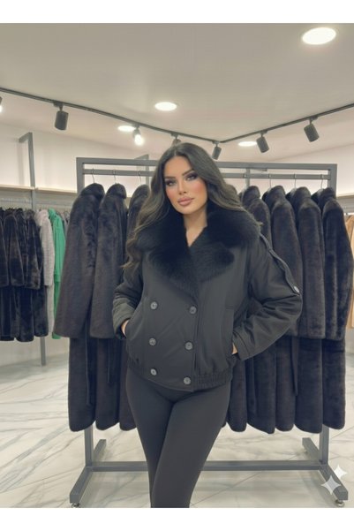 ribana Kadın Kürk Yaka Detaylı İçi Astarlı Çift Cepli Omuzları Kemerli Beli Lasitkli Ceket Görünümlü Kaban